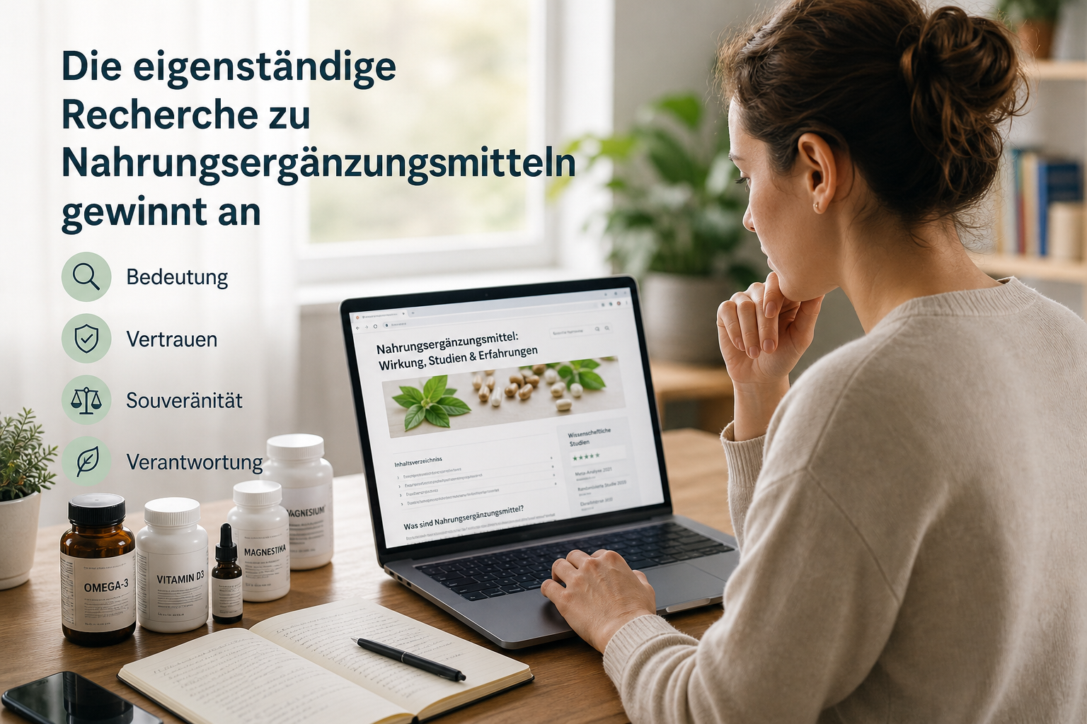 Frau vergleicht Nahrungsergänzungsmittel online und informiert sich über Wirkung, Inhaltsstoffe und Erfahrungen